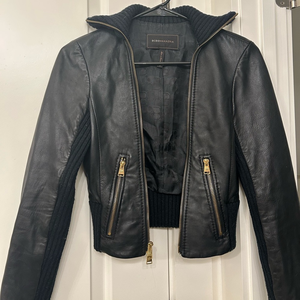 BLACK BCBG MAXAZRIA CALF SKIN, GENUINE, LEATHER JACKET XS 
Couture